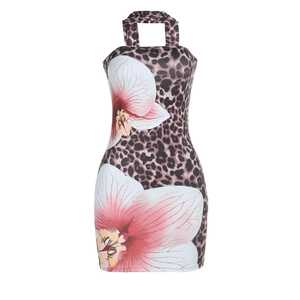 Detailed leopard print fabric with large pink orchid patterns and halter neck design
