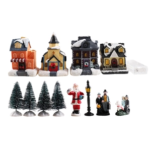 LED lit Christmas resin house miniature set with snow trees and Santa figures