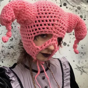 Pink crochet balaclava with devil horns and hollow knit design for creative adults