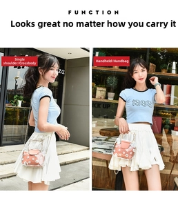 Detailed views of transparent PVC tote with daisy pouch and cat-ear metal handles