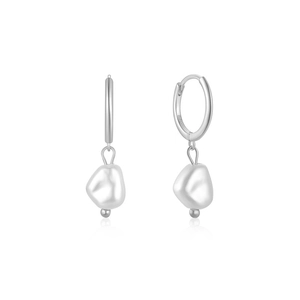 Detail of S925 sterling silver hoop earrings featuring irregular white pearl drops