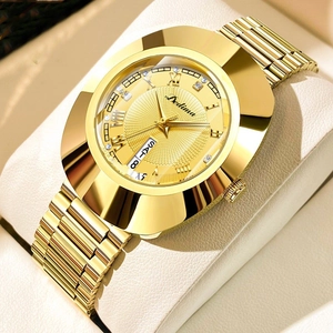 Elegant gold-tone women's bracelet watch featuring Roman numerals and sparkling crystals