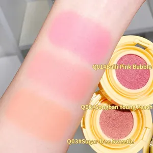 Three-shade cushion blush set with Q01 pink, Q02 peach, and Q03 orange brown arm swatches