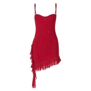 Close-up of red sequined dress with tiered mesh ruffles and detailed pleated texture