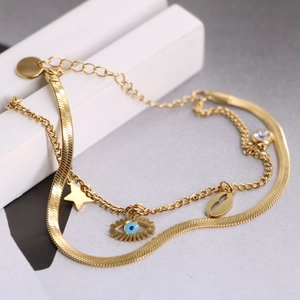 Double-layered evil eye and star gold necklace with blue enamel and zircon stones