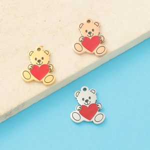 Three cute bear charms holding red hearts in rose gold, gold, and silver stainless steel