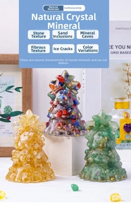 Macro detail of resin Christmas tree ornaments with colorful natural crystal stones