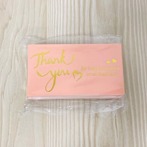 Pink rectangular Thank You cards with gold foil lettering for small business packaging