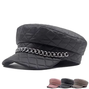 Quilted PU Leather Newsboy Cap For Women With Metal Chain Vintage Baker Boy Hat Trendy Military Fiddler Cap