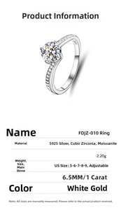 Detailed specifications of a 1ct Moissanite engagement ring in S925 sterling silver
