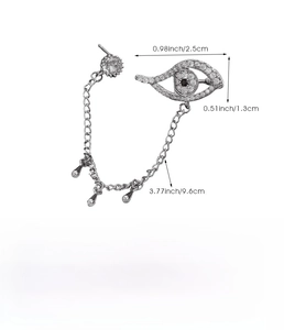 Detailed view of silver evil eye hoop earrings with long chain tassels and size labels