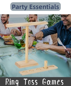 Macro detail of wooden ring toss game components featuring natural timber and metal hooks
