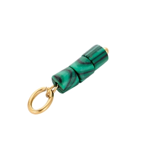 Exquisite green malachite stone pendant with three cylinder beads and gold metal ring