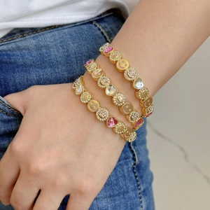 Copper Bracelet With Pink Heart Smiley Face Sunflower Enamel Charms Rhinestone Sweet Fashionable Jewelry For Women Girls