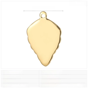 Detailed view of a leaf-shaped stainless steel jewelry pendant with dimensions