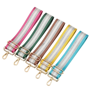 Adjustable wide replacement bag straps in five colors with silver stripes and gold hooks