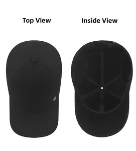 Detail view showing the breathable textured fabric and inner lining of a black baseball cap