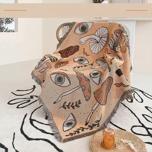 Bohemian Woven Cotton Blanket Throw Mushroom Eye Pattern With Fringe Edges Multi-Functional Sofa Tapestry Reversible Retro Decor