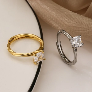 Einfacher Geometrischer Quadrat Zirkonia Ring Kupfer Vergoldet Gedrehtes Seil Design Verstellbar Offener Fingerschmuck Damen