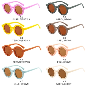 Detail grid of 8 retro round matte kids sunglasses in various colors with brown lenses