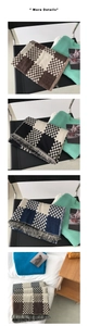 Close-up of checkered jacquard scarf with long fringe detail in diverse colors