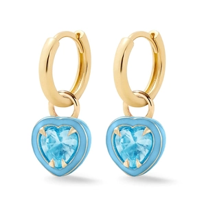 Detail of S925 silver hoop earrings with light blue heart charms and golden finish