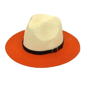 Chapeau Panama en paille bicolore crème et orange avec ruban en cuir noir pour le soleil