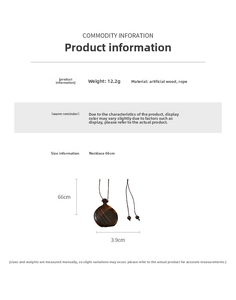 Detail showing faux wood water bag pendant dimensions 3.9cm and 12.2g weight specs