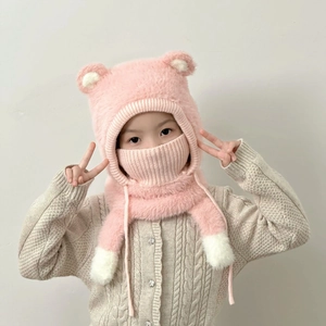 Pink plush kids winter hooded hat with bear ears and integrated neck warmer scarf