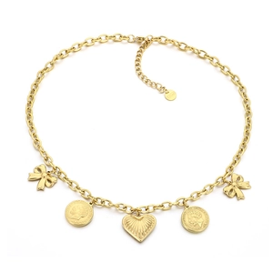 Double-layered stainless steel necklace with gold coin, heart, and bow charms on white background