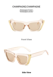 Detailed front and side view of champagne cat eye sunglasses with gold metal accents