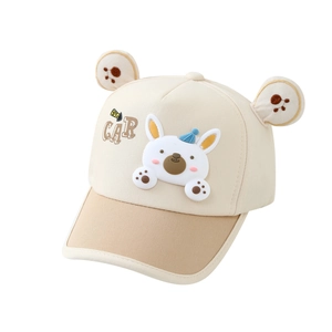 Kids baseball cap with 3D cartoon bunny and ear accents in beige and tan color