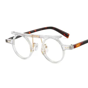 Retro punk round clear frame glasses with tortoiseshell temples and metal double bridge