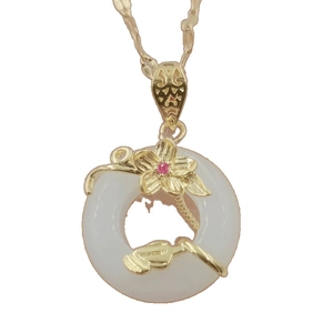 Ethnic style titanium steel necklace with white jade pendant and gold flower detail