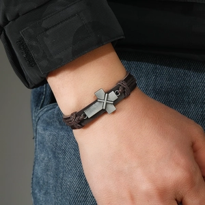 Retro multi-layer brown leather cross bracelet for men with woven rope details