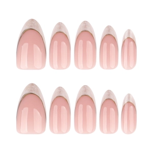 French almond press-on nails with white marble pattern and golden metallic curve lines