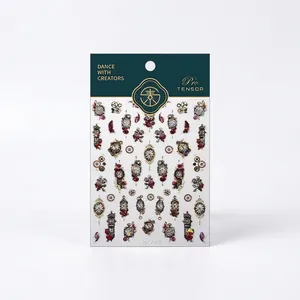Vintage clock and gear nail art stickers with red roses on matte background M-745