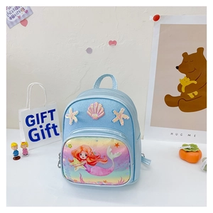 Detail of blue mermaid glitter backpack with shimmering shell and starfish 3D sequins