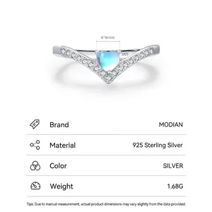Elegant S925 sterling silver V-shape ring with heart moonstone and cubic zirconia