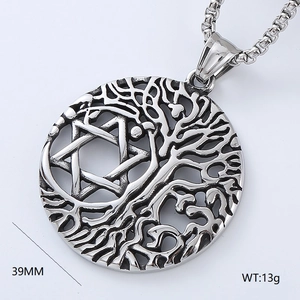 Macro view of 39mm stainless steel tree of life pendant with hexagram cut-out details