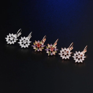 Elegant sunflower lever-back earrings with marquise zircon in silver and rose gold