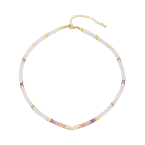 Colorful natural stone beaded necklace with white pink beads and gold plated clasp