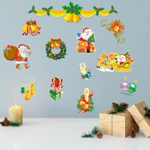 Detailed Christmas wall stickers set featuring Santa, reindeer, and festive ornaments decorations
