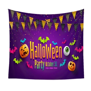 Detail of Halloween Party tapestry with purple background, pumpkins, and bats