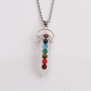 Polished silver alloy hexagonal white crystal necklace featuring seven chakra gemstones