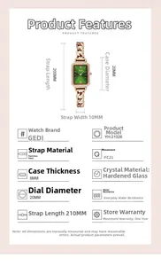 Detailed specs of luxury green dial square watch with 20mm case and gold chain strap