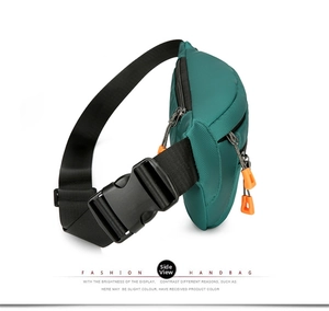 Side view of large oxford waist bag showing depth, adjustable buckle and zipper pull