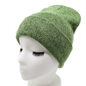 Grass green ribbed knit beanie hat for women featuring warm rabbit fur blend material