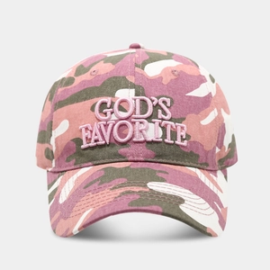 Vintage pink camouflage baseball cap with GOD'S FAVORITE embroidery and distressed finish