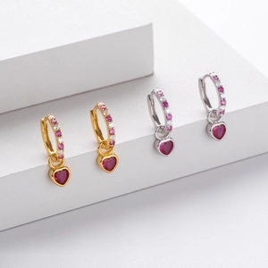 S925 sterling silver heart earrings with pink stones in gold and silver finishes